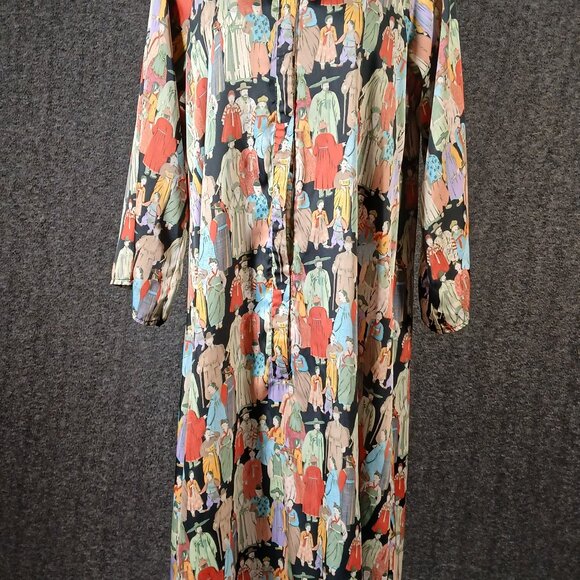 Natori Silk Shirt Dress with Vintage Asian Figure Print - Picture 2 of 7